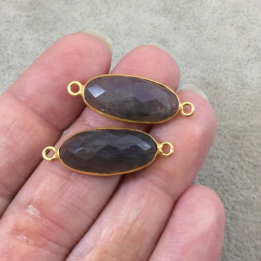 Labradorite Bezel | Natural Gemstone | One Pair of OOAK Gold Plated Faceted Flat Back Oval/Oblong Shaped Pendants "P11"- Meas - 10mm x 22mm