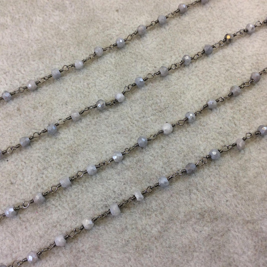 Gunmetal Plated Copper Rosary Chain with Faceted 3-4mm Rondelle Shaped Mystic Coated White Quartz Beads - Sold Per Ft - (CH156-GM)