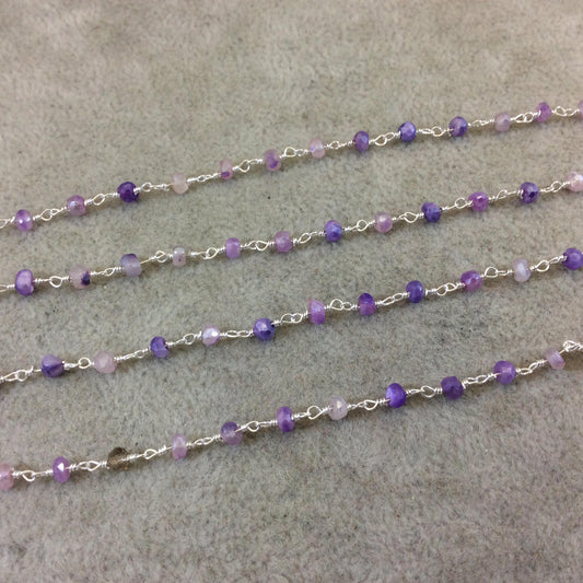 Silver Plated Copper Rosary Chain with Faceted 3-4mm Rondelle Shaped Mystic Coated Lilac/Purple Moonstone Beads - Sold Per Ft - (CH145-SV)