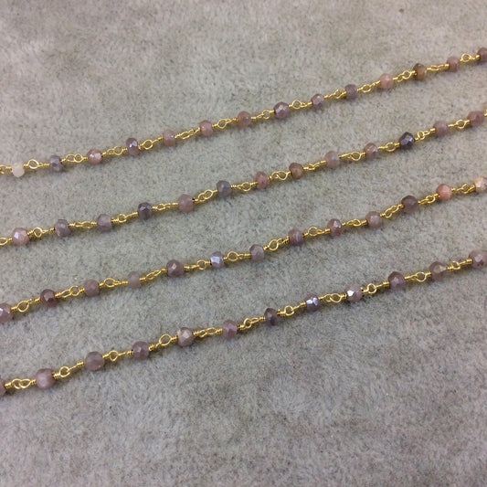 Gold Plated Copper Rosary Chain with Faceted 3-4mm Rondelle Shaped Mystic Coated Pink/Mauve Moonstone Beads - Sold Per Ft - CH144-GD