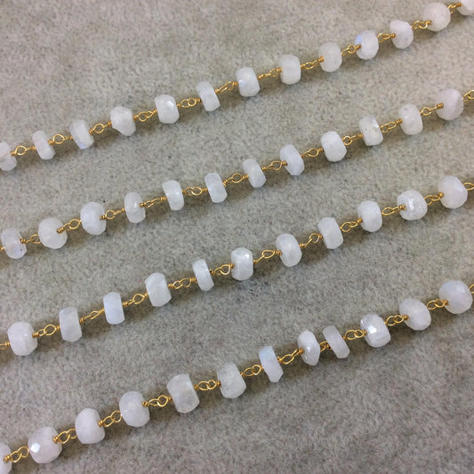 Gold Plated Copper Rosary Chain with Faceted 6-7mm Rondelle Shape Moonstone Beads - Sold by the Foot (CH325-GD) Quality Gemstone!