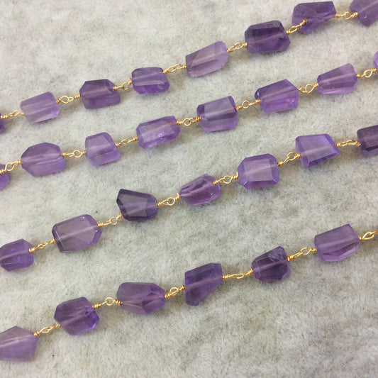 Gold Plated Copper Rosary Chain with Faceted 8-10mm x 10-12mm Nugget Shape Transparent Purple Amethyst Beads - Sold Per Ft - (CH433-GD)