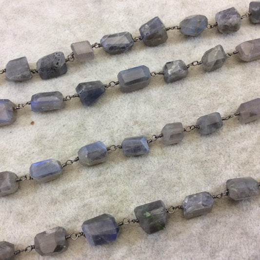 Gunmetal Plated Copper Rosary Chain with Faceted 8-10mm x 10-12mm Nugget Shape Iridescent Gray Labradorite Beads - Sold Per Ft - (CH432-GM)