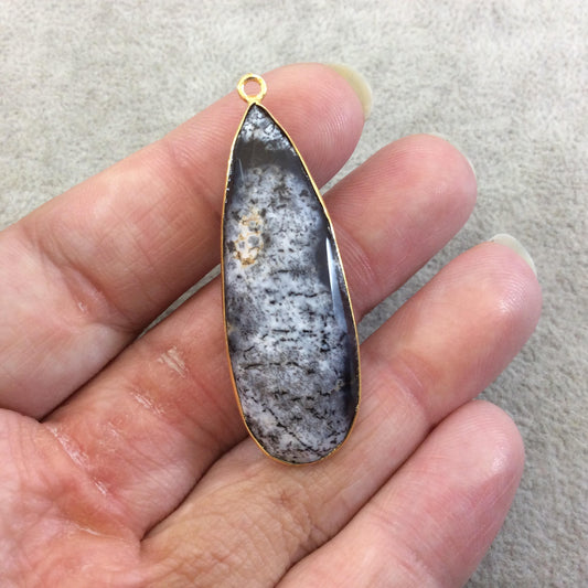 One OOAK Gold Plated Faceted Dendritic Opal Teardrop Shaped Bezel Pendant - Measures ~ 16mmx46mm - Natural Gemstone