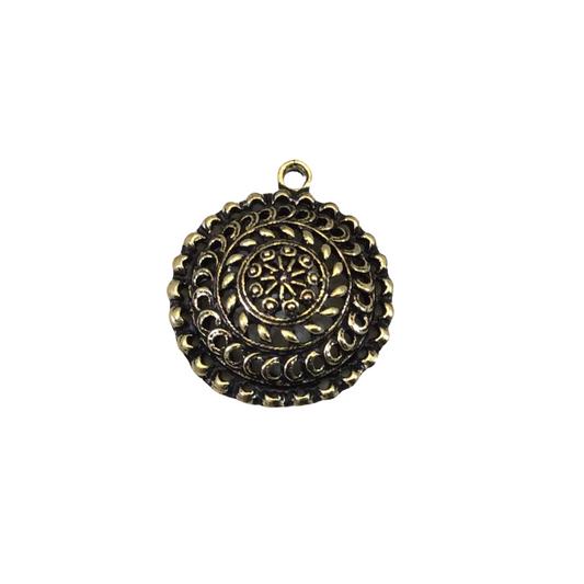 1" Brass Finish Raised Center Round Scalloped Medallion Shaped Pendant with Attached Ring - Measures ~ 27mm x 27mm - Sold Individually