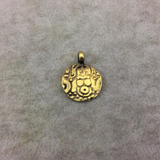 17mm x 17mm Oxidized Gold Plated Rustic Cast Embossed Icon Copper Round Shaped Pendant w/ Attached Ring - Sold Individually (K-7)