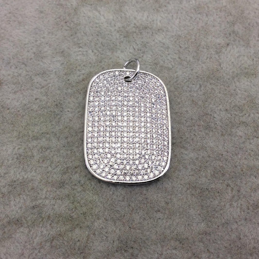 Silver Plated CZ Cubic Zirconia Inlaid Rectangle/Dog Tag Shaped Copper Focal Pendant - Measuring 25mm x 35mm, Approx. - Sold Individually