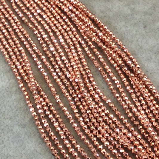 2mm Metallic Faceted Rose Gold Hematite Round Beads - 15" Strand - Approx. 195 Beads Per Strand - Semi-Precious Gemstone