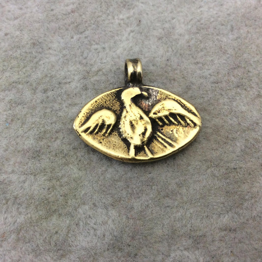 15mm x 26mm Oxidized Gold Plated Rustic Cast Flapping Bird Icon Copper Marquise Shaped Pendant w/ Attached Ring - Sold Individually (K-38)