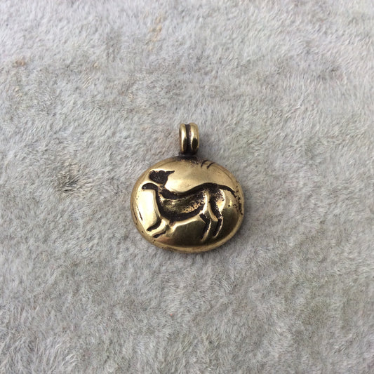 15mm x 18mm Oxidized Gold Plated Rustic Cast Happy Dog Icon Copper Oval Shaped Pendant w/ Attached Ring - Sold Individually (K-43)
