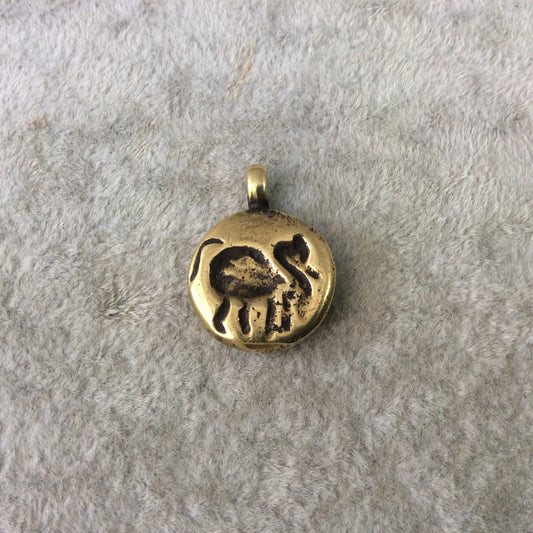 15mm x 15mm Oxidized Gold Plated Rustic Cast Standing Elephant Icon Copper Round Shaped Pendant w/ Attached Ring - Sold Individually (K-46)