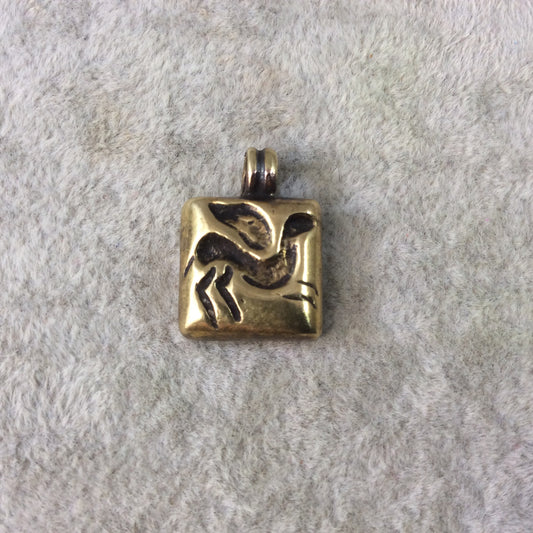 15mm x 15mm Oxidized Gold Plated Rustic Cast Winged Pegasus Icon Copper Square Shaped Pendant w/ Attached Ring - Sold Individually (K-57)