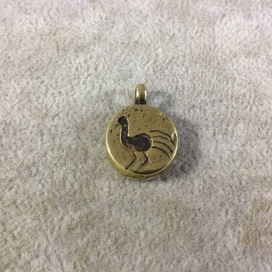 15mm x 15mm Oxidized Gold Plated Rustic Cast Small Peacock Icon Copper Round Shaped Pendant w/ Attached Ring - Sold Individually (K-59)