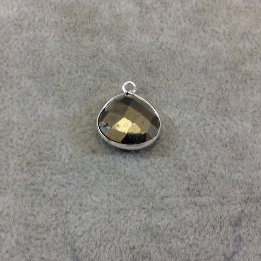 Sterling Silver Faceted Teardrop/Heart Shaped Natural Pyrite Bezel Pendant Component - Measuring 15mmx15mm - Sold Individually, Random