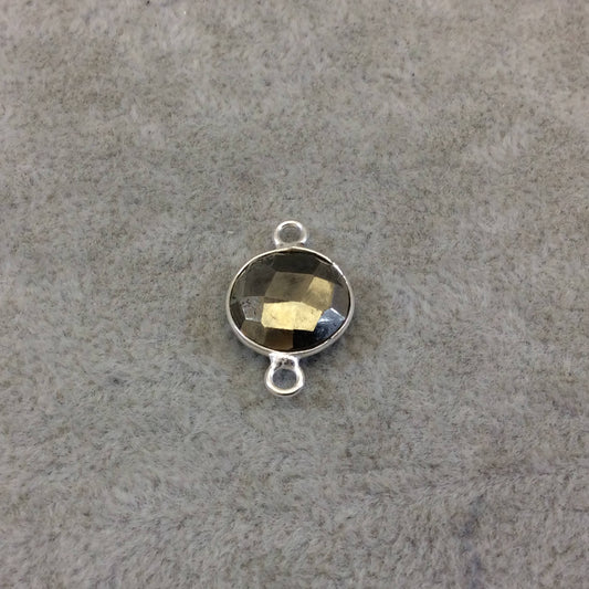Sterling Silver Faceted Round/Coin Shaped Natural Pyrite Bezel Connector Component - Measuring 12mm - Sold Individually, Random