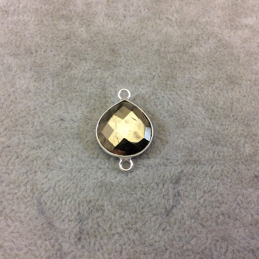 Sterling Silver Faceted Teardrop/Heart Shaped Natural Pyrite Bezel Connector Component - Measuring 15mmx15mm - Sold Individually, Random