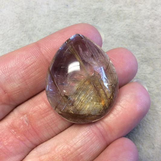 OOAK Natural Rutilated Quartz Teardrop/Pear Shaped Cabochon "L" - Measuring 26.5mm x 32mm, 13.9mm Total Height - High Quality Gemstone
