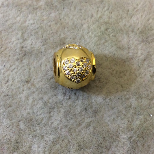 Gold Plated CZ Cubic Zirconia Inlaid Rolled Edge Rondelle Shaped Bead W White CZ Hearts - ~ 9mm x 10mm, - Sold Individually, Random