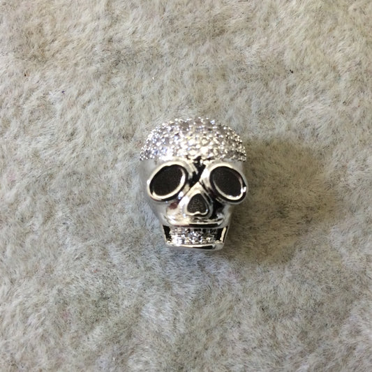 Silver Plated CZ Cubic Zirconia Inlaid Skull Mask/Ski Mask Shaped Bead With White CZ - ~ 9mm x 11mm, - Sold Individually, Random