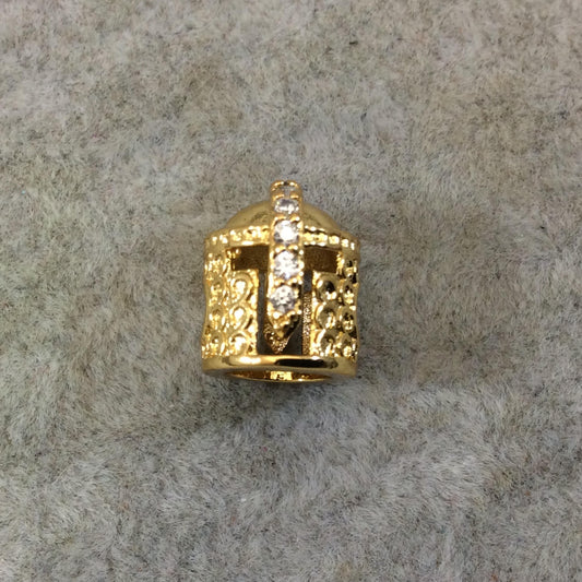 Gold Plated CZ Cubic Zirconia Inlaid Medieval Warrior Helmet Shaped Bead With White CZ - ~ 8mm x 11mm, - Sold Individually, Random