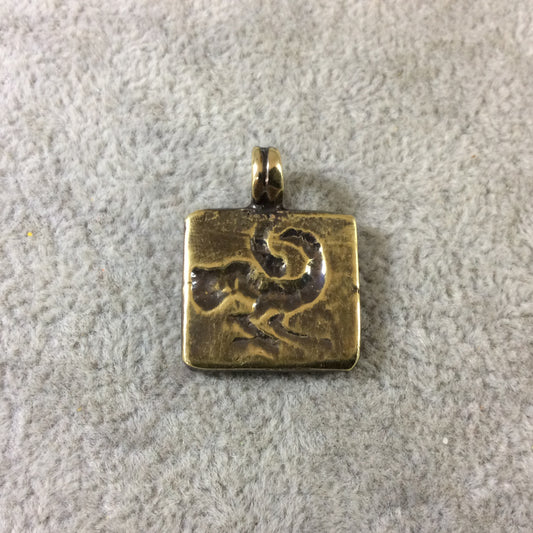 19mm x 19mm Oxidized Gold Plated Rustic Cast Standing Bird Icon Copper Square Shaped Pendant w/ Attached Ring - Sold Individually (K-87)