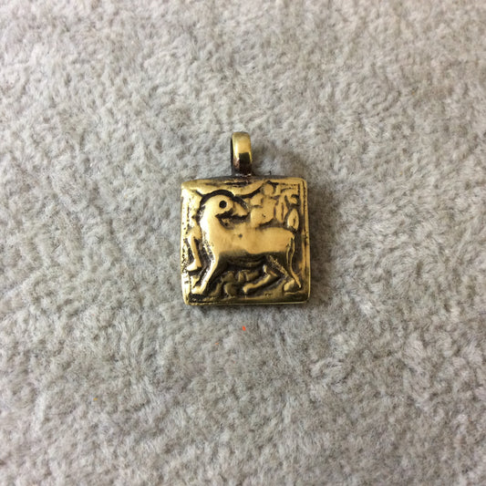 15mm x 15mm Oxidized Gold Plated Rustic Cast Deer/Pony Icon Copper Square Shape Pendant W Attached Ring - Sold Individually (K-100)