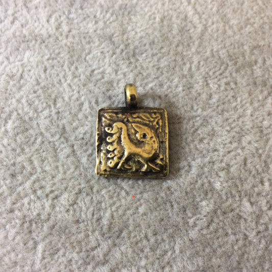 15mm x 15mm Oxidized Gold Plated Rustic Cast Standing Peacock Icon Copper Square Shape Pendant W Attached Ring - Sold Individually (K-103)