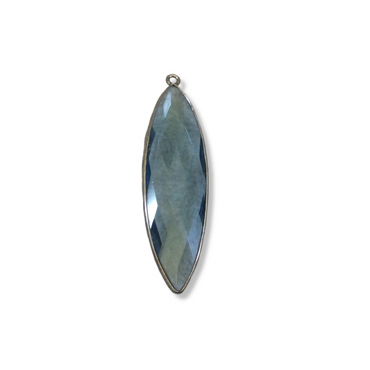 Gunmetal Plated Faceted Smoky Blue Hydro (Lab Created) Quartz Marquise Shaped Bezel Pendant - Measuring 14mm x 50mm - Sold Individually