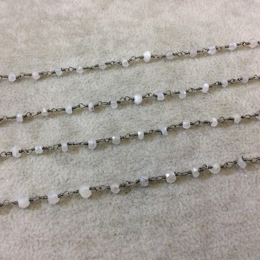 Gunmetal Plated Copper Rosary Chain with Faceted 3-4mm Rondelle Shaped Mystic Coated Gray/White Moonstone Beads - Sold Per Ft - CH147-GM