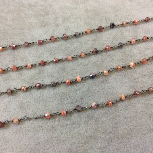 Gunmetal Plated Copper Rosary Chain with Faceted 3-4mm Rondelle Shaped Mystic Coated Peach/Gray Carnelian Beads - Sold by the Foot CH149-GM