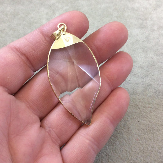 Gold Electroplated Starburst Faceted Glass Clear/Transparent Crystal Leaf Pendant With Bail - Measuring 27mm x 50mm - Sold Individually