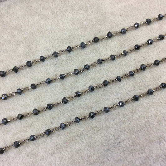 Gunmetal Plated Copper Rosary Chain with Faceted 3-4mm Rondelle Shaped Mystic Coated Black Spinel Beads - Sold Per Ft - (CH157-GM)