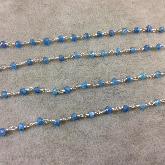 Silver Plated Copper Rosary Chain with Faceted 3-4mm Rondelle Shaped Mystic Coated Medium Blue Moonstone Beads - Sold Per Ft - CH143-SV