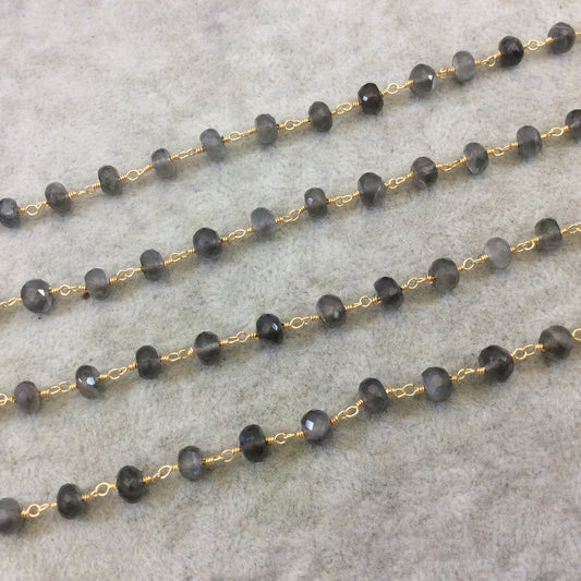 Gold Plated Copper Rosary Chain with Faceted 4mm x 6mm Rondelle Shape Mystic Gray Moonstone Beads - Sold Per Ft - (CH332-GD)