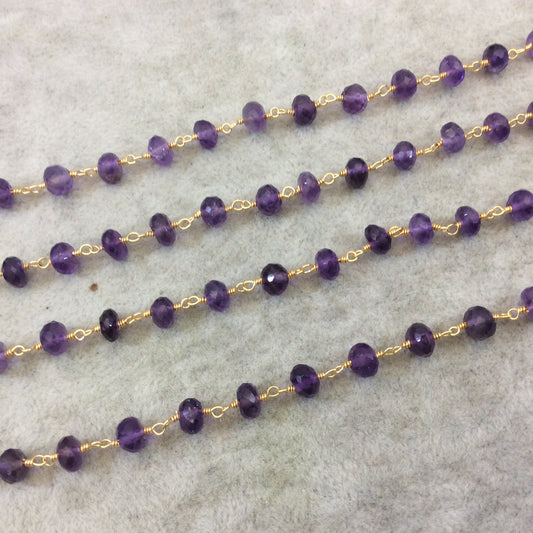 Gold Plated Copper Rosary Chain with Faceted 6mm Rondelle Shape Amethyst Beads - Sold by the Foot (CH335-GD) Quality Gemstone!