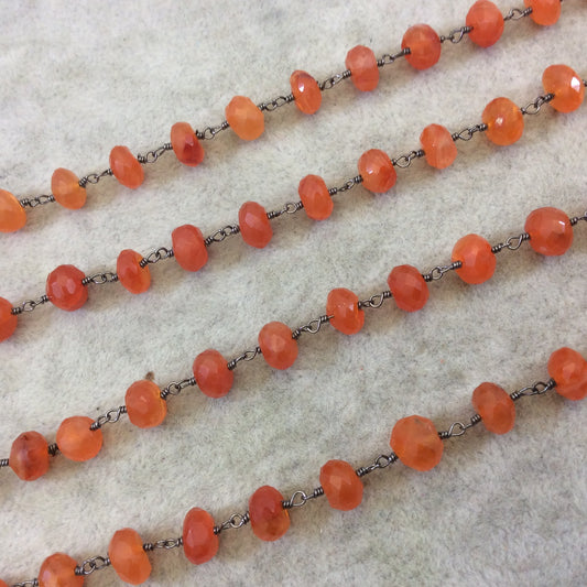 Gunmetal Plated Copper Rosary Chain with Faceted 6mm Rondelle Shape Carnelian Beads - Sold by the Foot (CH337-GM) Quality Gemstone!