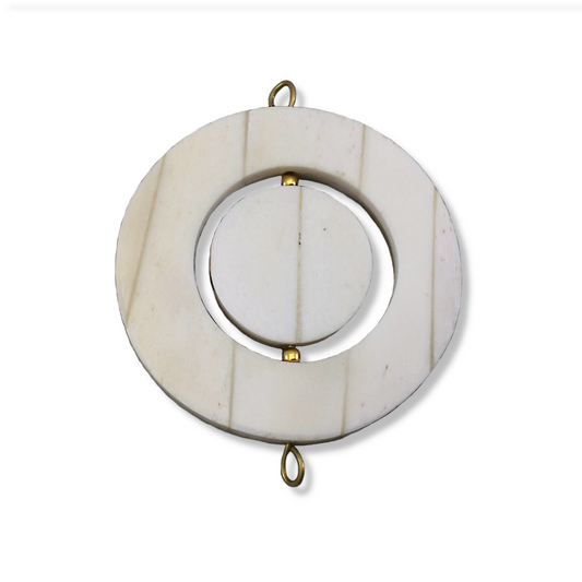 2.5" White/Ivory Round/Coin Shaped Natural Ox Bone Spinner Pendant with Gold Plated Beads/Suspension Rings - Measuring 65mm x 65mm - (TR)