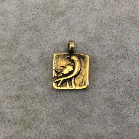 15mm x 15mm Oxidized Gold Plated Rustic Cast Standing Bird Icon Copper Square Shaped Pendant with Attached Ring - Sold Individually! (K-2)