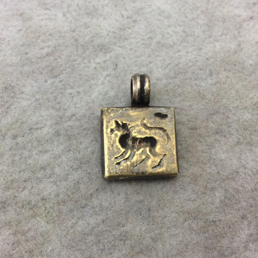 15mm x 15mm Oxidized Gold Plated Rustic Cast Wingless Griffin Icon Copper Square Shaped Pendant w/ Attached Ring - Sold Individually (K-39)