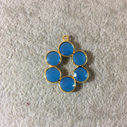 26mm Gold Finish Faceted Natural Sky Blue Chalcedony 6 Petal (8mm) Flower Shaped Plated Copper Bezel Pendant - Sold Individually, Random