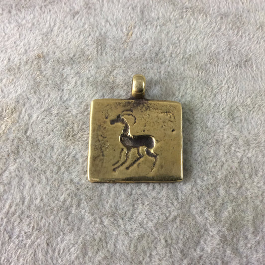 20mm x 24mm Oxidized Gold Plated Rustic Cast Horned Gazelle Icon Copper Rectangle Shaped Pendant w/ Attached Ring - Sold Per Each (K-52)