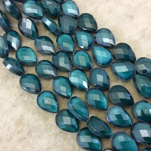13mm x 18mm Glossy Finish Faceted Opaque Dark Teal Chinese Teardrop Beads - Sold by 14" Strands (Approx. 18 Beads) - (CC13180-1)