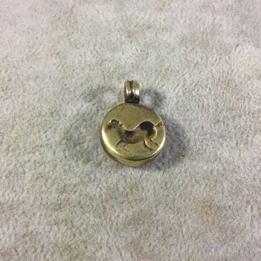 15mm x 15mm Oxidized Gold Plated Rustic Cast Running Horse Icon Copper Round Shaped Pendant w/ Attached Ring - Sold Individually (K-61)