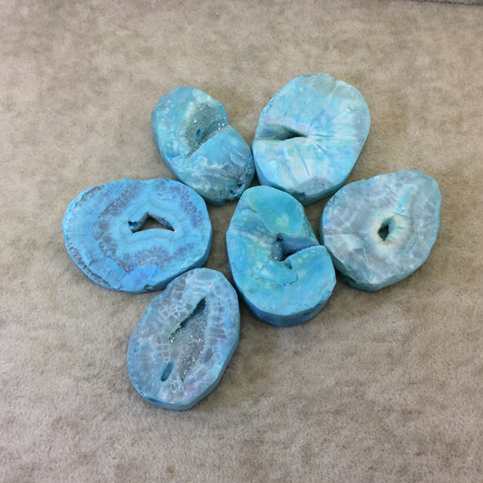 Large Sky Blue Dyed Natural Druzy Agate Drilled Freeform Slab Bead with 2mm Holes - ~ 30-35mm x 50-55mm - Sold Per Each - Chosen At Random