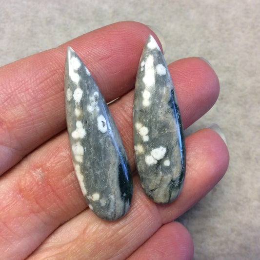 OOAK Pair of Natural Ocean Jasper Pear/Teardrop Shaped Flat Back Cabochons - Measuring 12mm x 40mm, 5mm Dome Height - Quality Gemstone