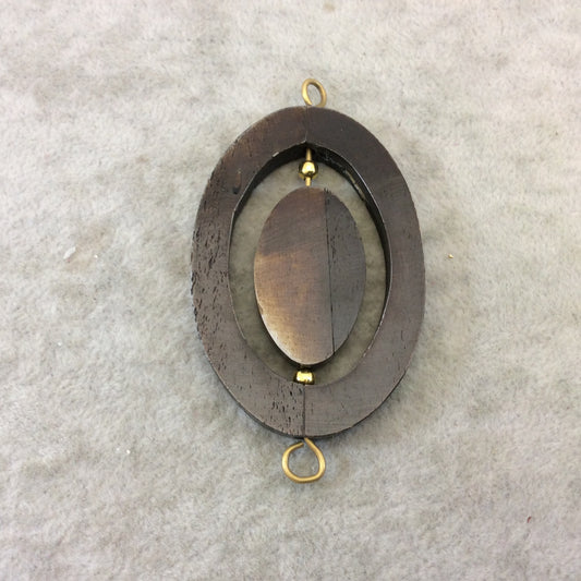 2.5" Warm Brown Oval/Oblong Shaped Natural Ox Bone Spinner Pendant with Gold Plated Beads/Suspension Rings - ~ 41mm x 62mm - Sold Per Each