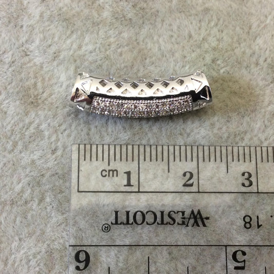 Silver Plated CZ Cubic Zirconia Inlaid Curved Tube/Macaroni Shaped Bead White CZ - Measures ~ 6mm x 23mm, - Sold Individually, RANDOM