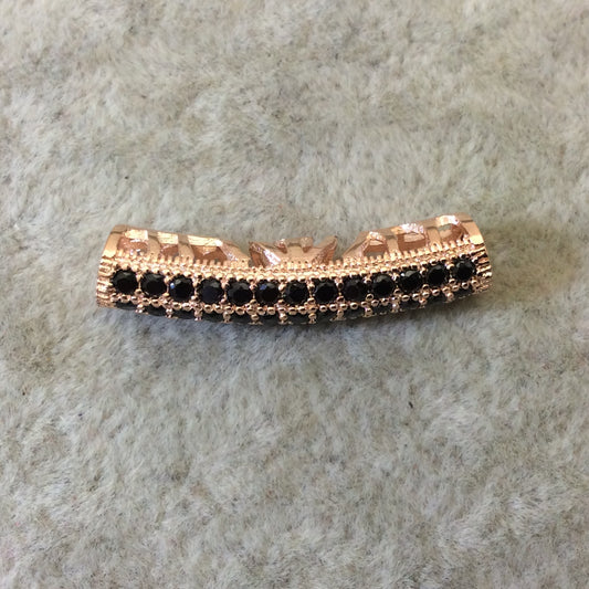 Rose Gold Plated CZ Cubic Zirconia Inlaid Curved Tube/Macaroni Shaped Bead W Black CZ - Measures ~ 5mm x 26mm, - Sold Individually, RANDOM