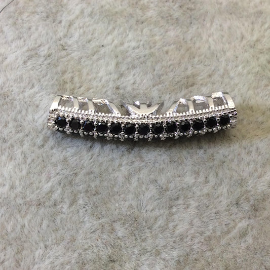 Silver Plated CZ Cubic Zirconia Inlaid Curved Tube/Macaroni Shaped Bead W Black CZ - Measures ~ 5mm x 26mm, - Sold Individually, RANDOM