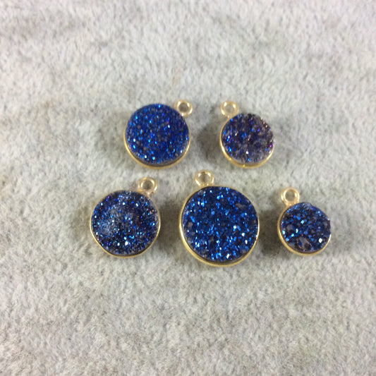 Jeweler's Lot Gold Finish Mixed Blue Round/Coin Shaped Natural Druzy Agate Bezel Pendants DB1 ~ 9mm - 15mm Long - Sold In Lot Of 5 As Shown